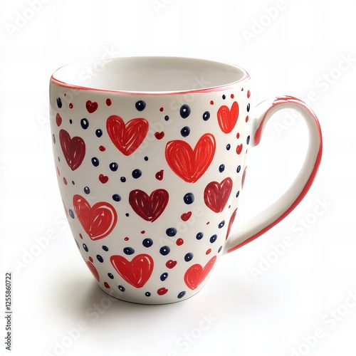 Ceramic mug with St. Valentine’s Day design featuring lots of hearts, isolated on white. Perfect for romantic gifts and love-themed decor. photo