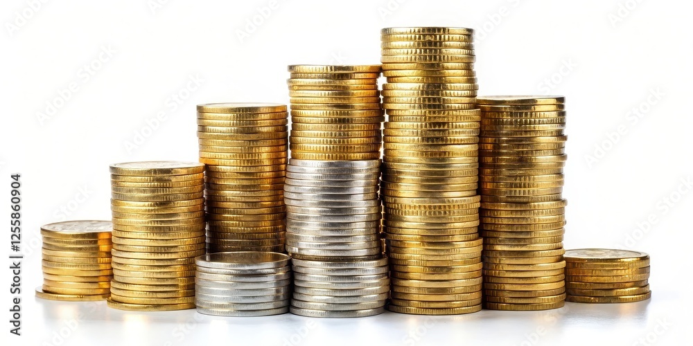 Gold and Silver Coins Stacks on White Background Gold and Silver Coins Stacks on White Background
