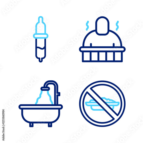 Set line Food no diet, Bathtub, Sauna and spa procedures and Pipette icon. Vector