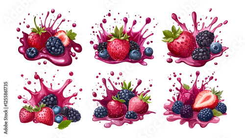 Juice berries cartoon vector concepts. Blueberry strawberry blackberry fruits splashes, juicy sprains sprays leaks healthy fresh vitamins food, isolated vectors on white background