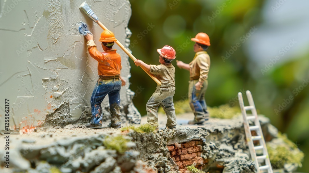 Miniature construction workers painting a wall in a detailed diorama scene. Miniature construction workers painting a wall in a detailed diorama scene.