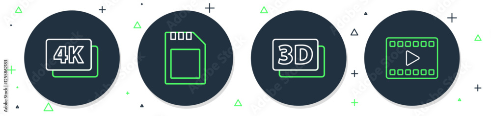 Set line SD card, 3D word, 4k Ultra HD and Play Video icon. Vector Set line SD card, 3D word, 4k Ultra HD and Play Video icon. Vector