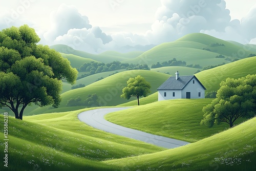 Idyllic Landscape: A charming house nestled in rolling green hills creating a peaceful and picturesque rural scene Nature's serenity
