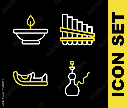 Set line Pan flute, Hookah, Indian shoes and Aroma lamp icon. Vector