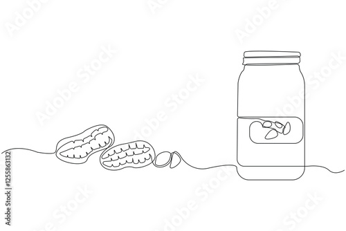 Continuous single-line art drawing of peanut butter jar. Peanut butter food outline vector isolated on white background