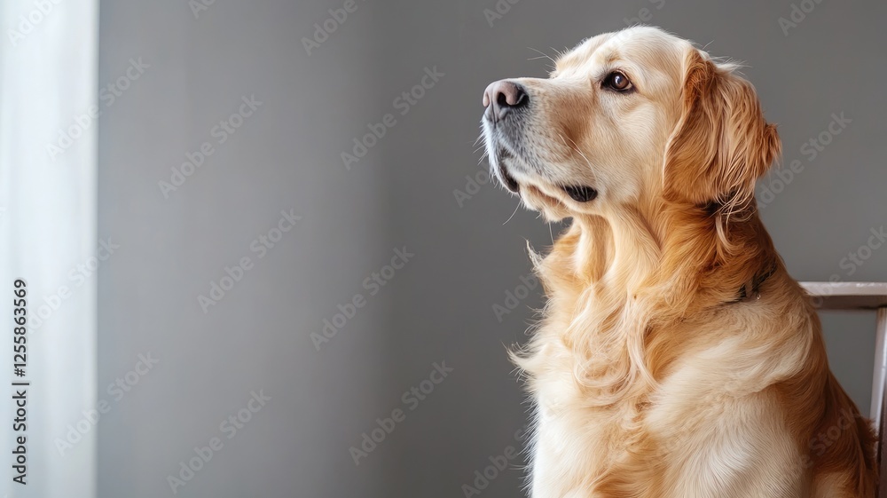 Golden Retriever dog indoors looking thoughtfully towards window Golden Retriever dog indoors looking thoughtfully towards window