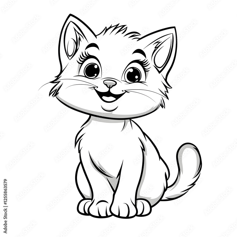 Cute Smiling Cartoon Cat with Blank Outline for Kids to Color Cute Smiling Cartoon Cat with Blank Outline for Kids to Color