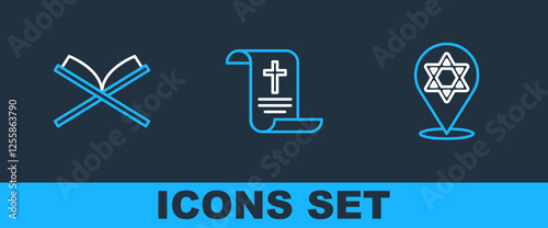 Set line Star of David, Holy book Koran and Decree, paper, parchment, scroll icon. Vector