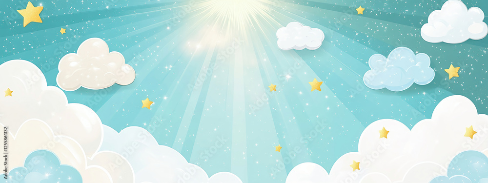 Bright sunny sky with fluffy clouds and scattered yellow stars Bright sunny sky with fluffy clouds and scattered yellow stars