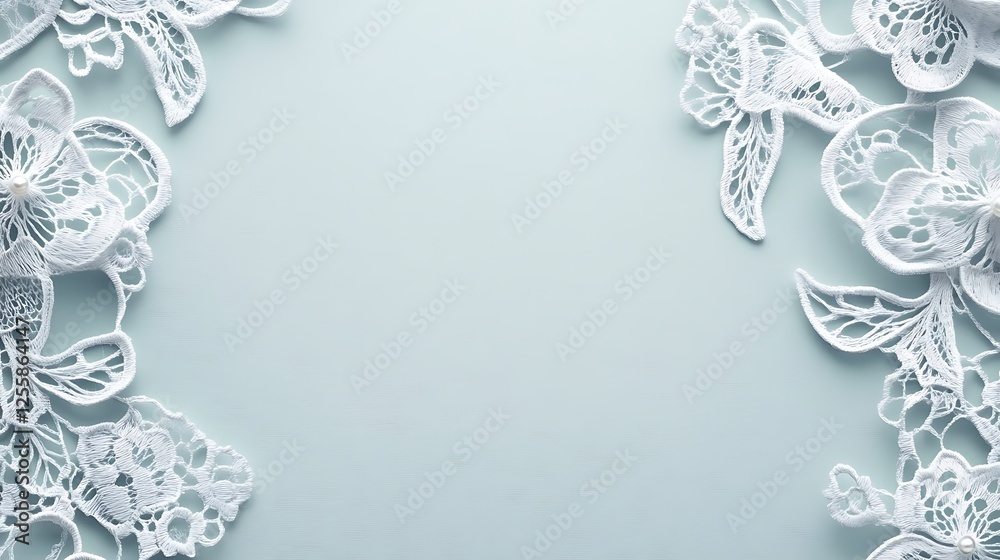 Fototapeta premium Delicate White Lace Floral Border on Pale Blue Background