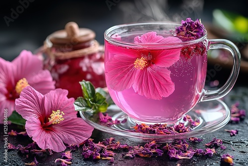 Floral Tea Infusion: A steaming cup of delicate pink tea with a vibrant flower a serene and healthy herbal beverage experience