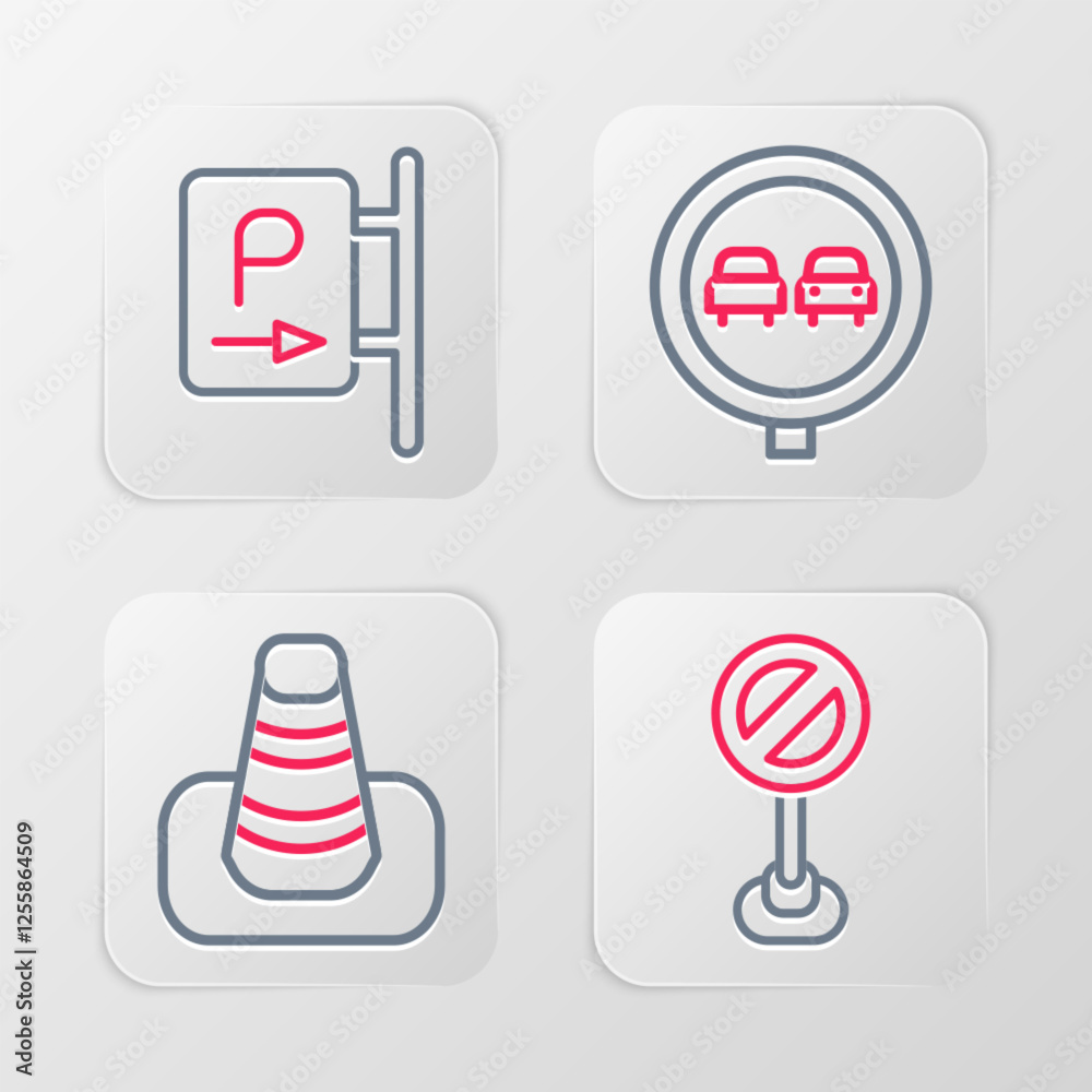 Set line Stop sign, Traffic cone, No overtaking road traffic and Parking icon. Vector Set line Stop sign, Traffic cone, No overtaking road traffic and Parking icon. Vector