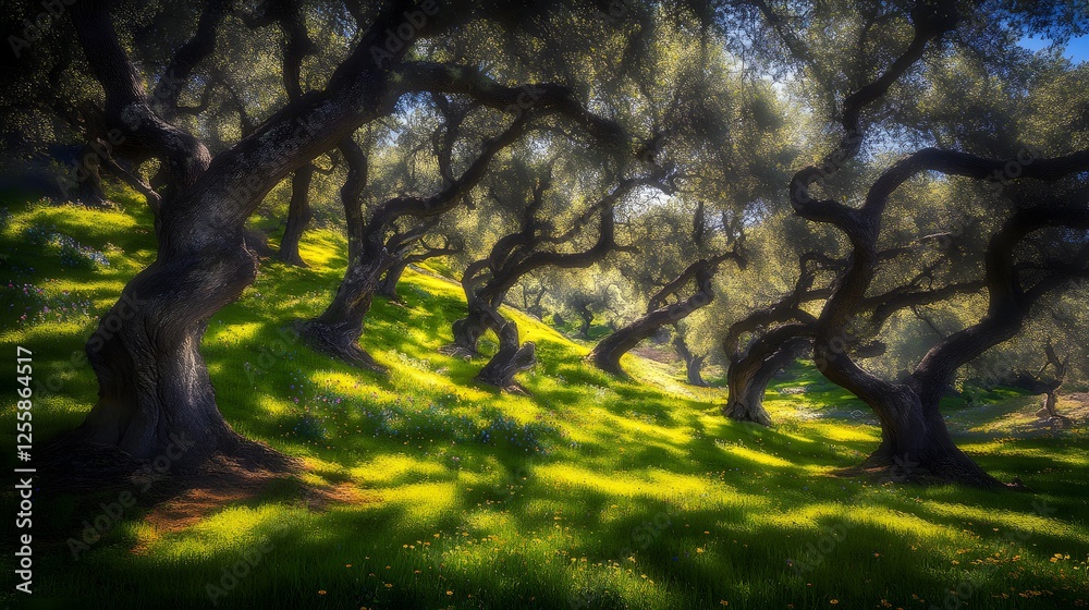 Fototapeta premium Group of trees on a gentle hillside with lush green grass under a clear blue sky in a natural landscape