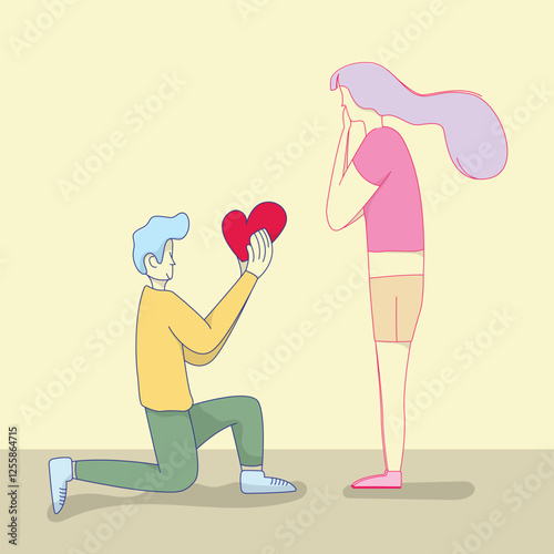 Aesthetic romantic illustration. Flat vector proposing to lover, expressing love with soft colors.