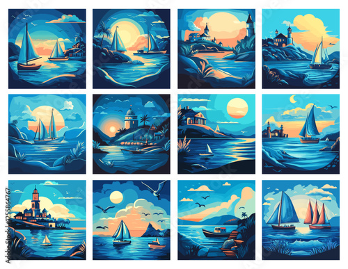 Marine landscape cartoon vector set. Sea ship boats yachts shore, beacon ocean coast buildings, summer tropical scenes illustrations