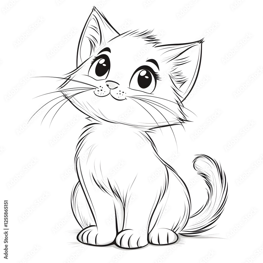 Obraz premium Adorable Cartoon Kitten with Blank Outline for Kids Coloring Book