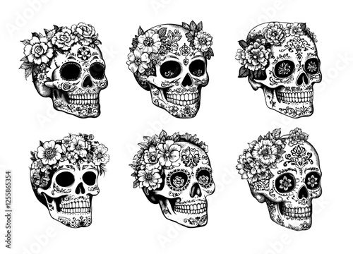 Mexican flowers skulls engraving vector set. Dead bone human head cranial dia de los muertos remains, south american native patterns cult symbols, isolated hand drawn monochrome vector illustrations