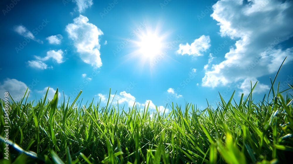 Field of lush green grass under bright blue sky with sun shining in clear weather Field of lush green grass under bright blue sky with sun shining in clear weather