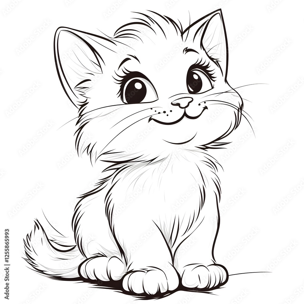 Obraz premium Cute Cartoon Kitten with Blank Outline for Kids to Color