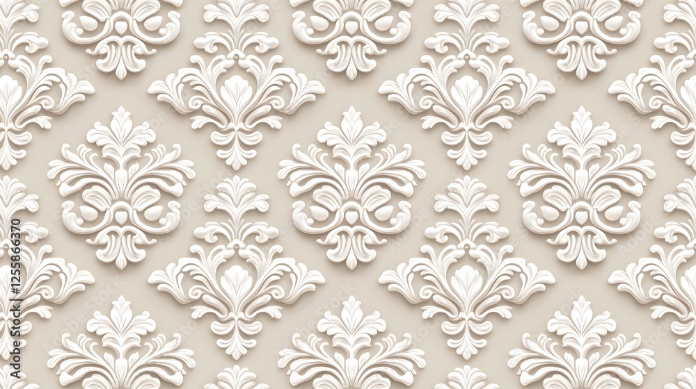 Elegant Ornate Damask Pattern in Soft Beige and White Tones Elegant Ornate Damask Pattern in Soft Beige and White Tones