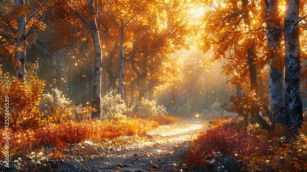 A winding forest path covered in autumn leaves, warm golden hues, cinematic realism