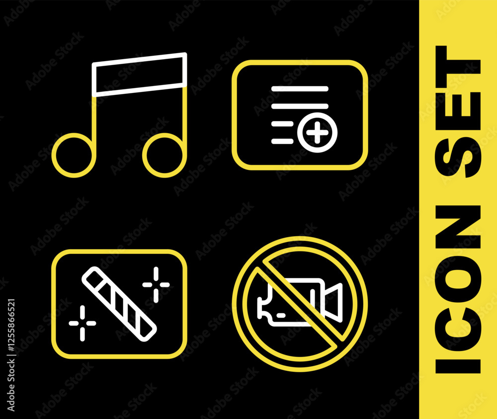 Set line Add to playlist, Prohibition no video recording, Photo retouching and Music note, tone icon. Vector Set line Add to playlist, Prohibition no video recording, Photo retouching and Music note, tone icon. Vector