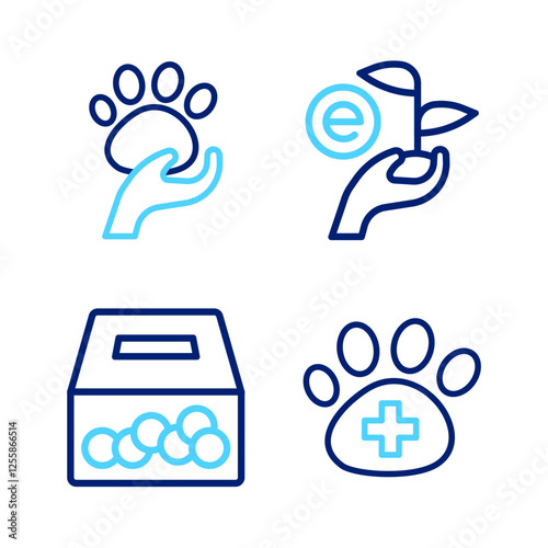 Set line Veterinary clinic, Donation and charity, Leaf hand and Animal volunteer icon. Vector