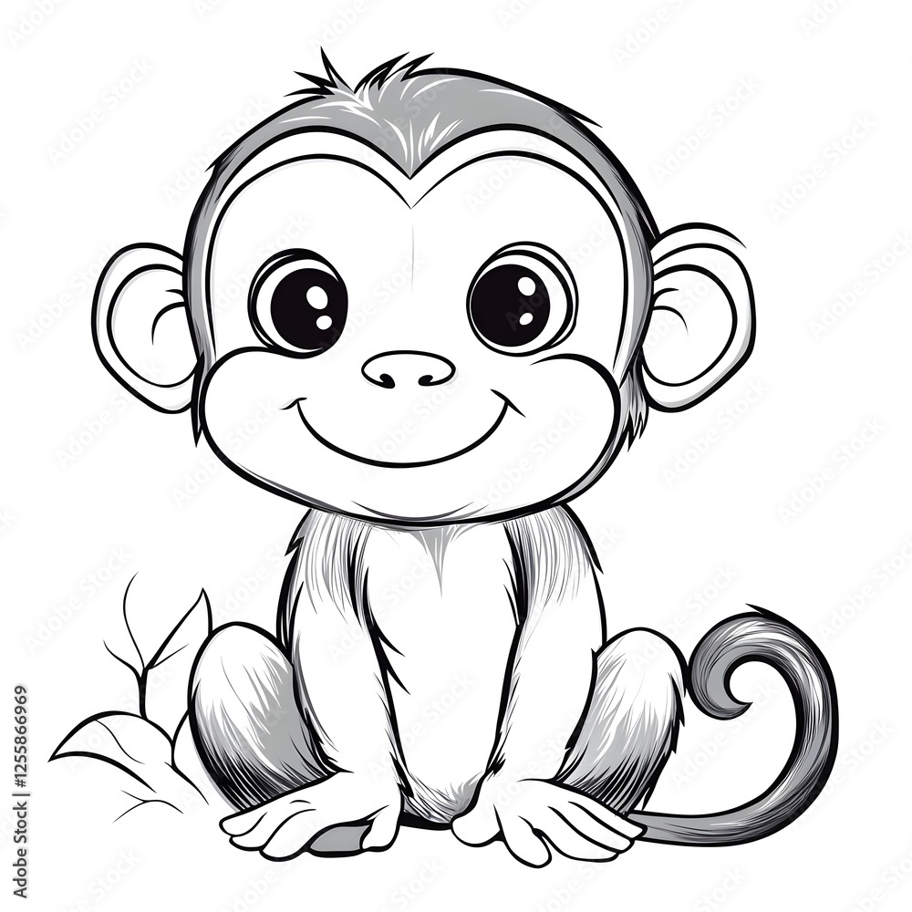 Obraz premium Cute Cartoon Monkey with Blank Outline for Coloring and Kids Activities