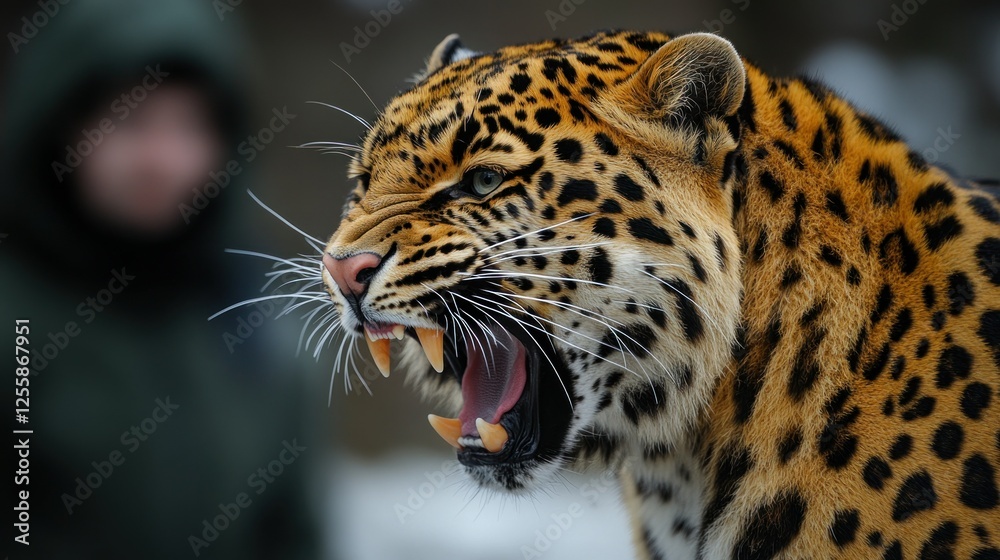 Amur leopard snarling, winter habitat, zookeeper blurred background, wildlife conservation Amur leopard snarling, winter habitat, zookeeper blurred background, wildlife conservation