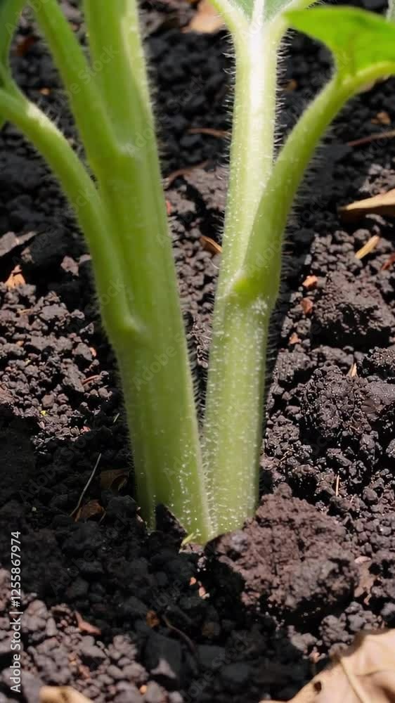 Delicate green seedling sprouting through nutrient rich dark soil, symbolizing agricultural renewal and early stage crop development in fertile farmland environment Delicate green seedling sprouting through nutrient rich dark soil, symbolizing agricultural renewal and early stage crop development in fertile farmland environment