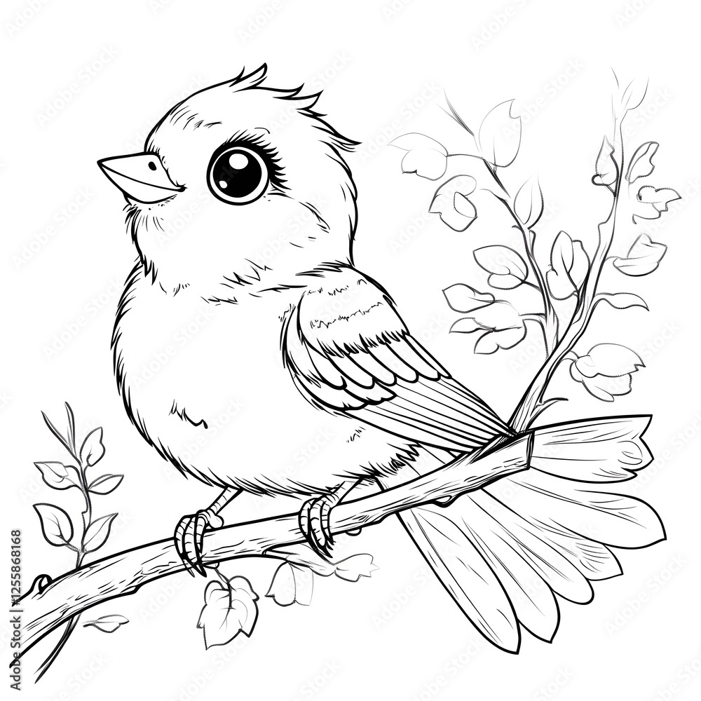 Obraz premium Cute Cartoon Bird Outline on Tree Branch for Kids Coloring