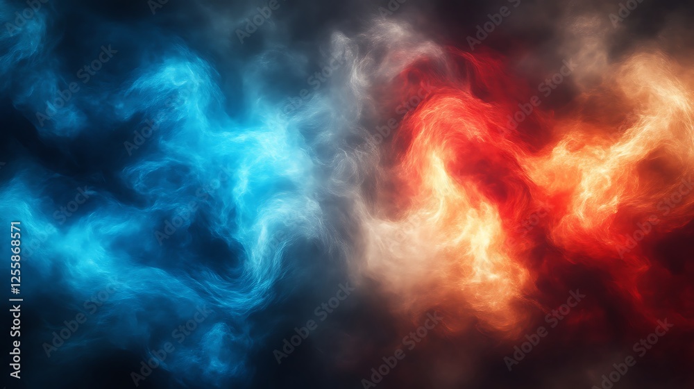 Abstract swirling clouds of blue and red fire
