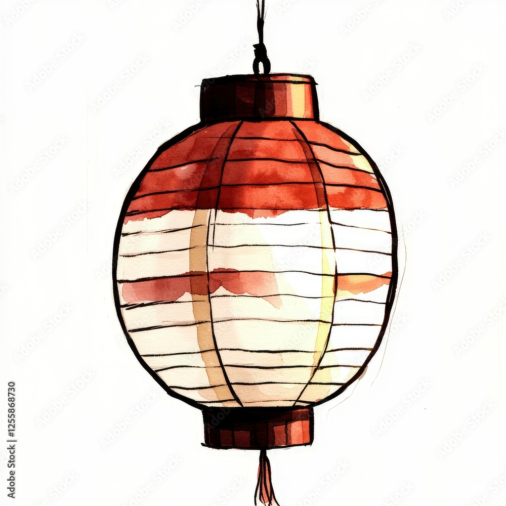 Fototapeta premium Watercolor Painting of a Traditional Asian Paper Lantern