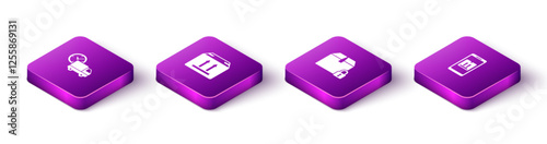 Set Isometric Delivery truck and clock, Cardboard box with traffic, Locked package and Mobile app tracking icon. Vector