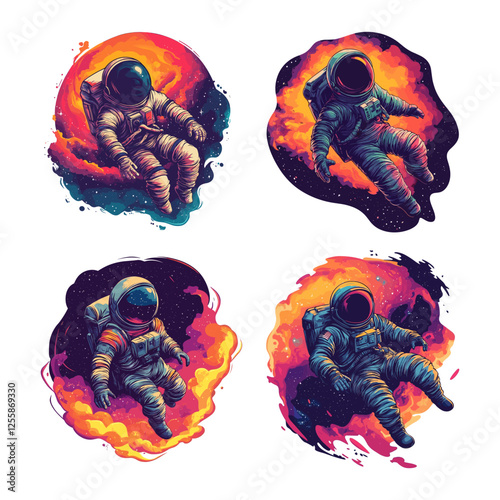 Outer space cosmonaut cartoon vector concepts. Skafandr suit stars human soaring open cosmos astronaut, clouds nebula galaxy astronomical milky way system universe cosmic adventure character