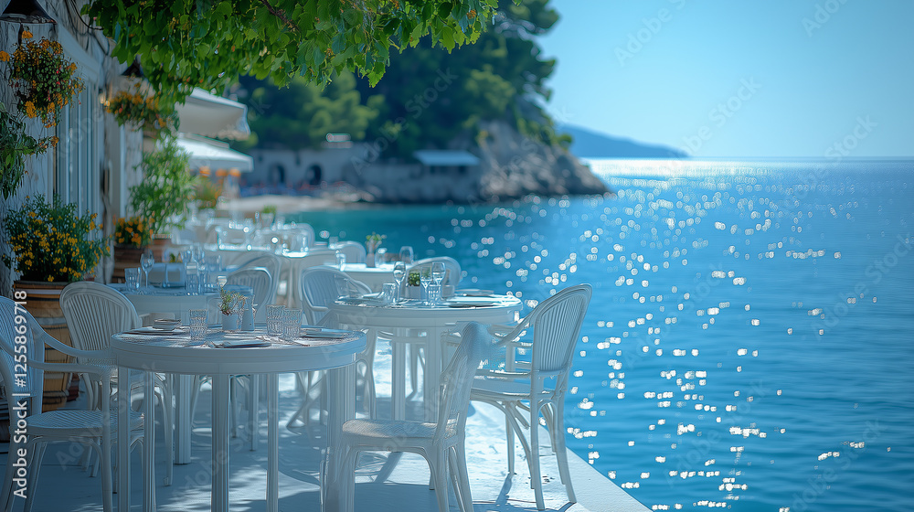 Fototapeta premium White chairs and tables on the stone terrace with a stunning view of the sea, distant mountains and bright flowers. An ideal place for relaxing in nature.