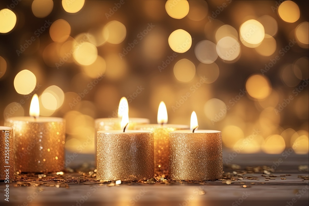 Beautiful Atmosphere with Burning Gold Candles on Black Background and Blurred Bokeh Lights. Perfect for Birthday or Special Events with Beeswax Beautiful Atmosphere with Burning Gold Candles on Black Background and Blurred Bokeh Lights. Perfect for Birthday or Special Events with Beeswax