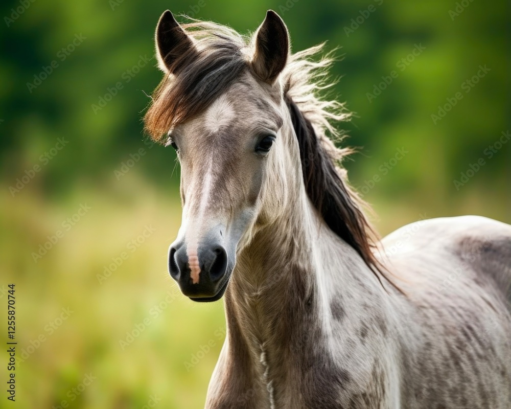 Beautiful Grullo Horse in Nature: Close-up Photo of a Fast and Majestic Equine Foal Grazing in the Green Field Beautiful Grullo Horse in Nature: Close-up Photo of a Fast and Majestic Equine Foal Grazing in the Green Field