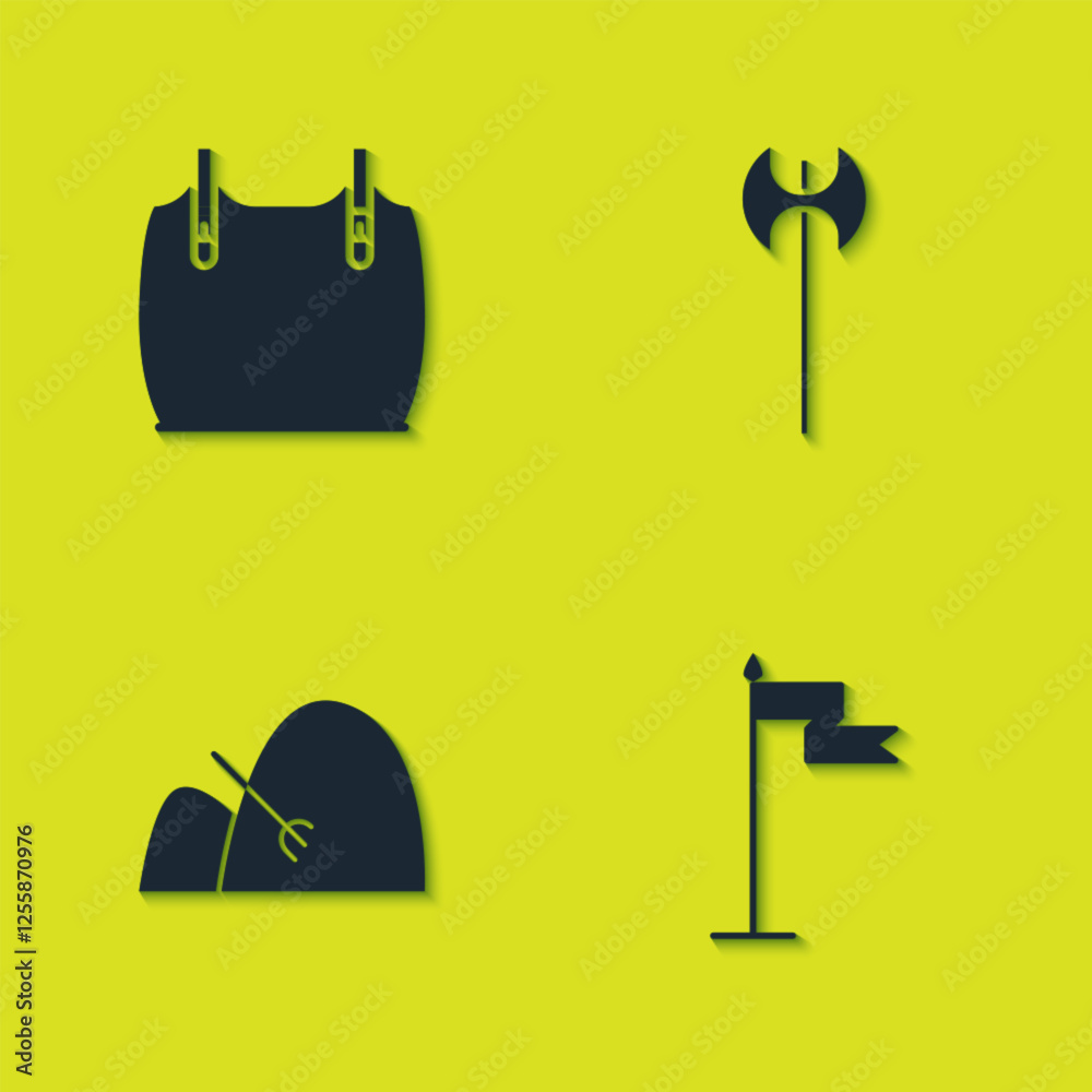 Set Body armor, Medieval flag, Bale of hay and rake and axe icon. Vector Set Body armor, Medieval flag, Bale of hay and rake and axe icon. Vector