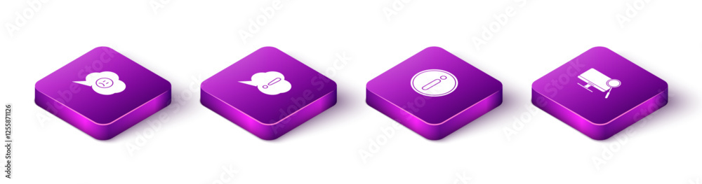 Set Isometric Speech bubble with sad smile, Exclamation, Information and Computer monitor diagnostics icon. Vector