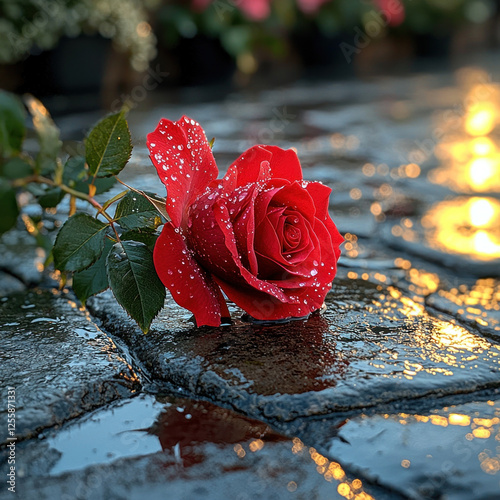 Red rose with water drops on wet pavement at sunset