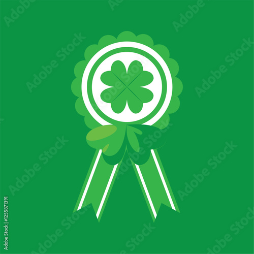 Vector illustration of a green award ribbon badge with a four-leaf clover design, symbolizing good luck and Irish heritage, on a green background.