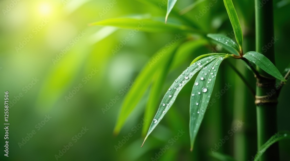 Obraz premium Bamboo leaves with dew drops glistening in the morning light