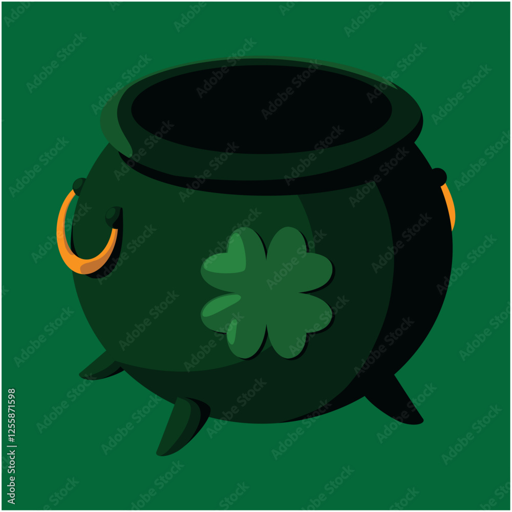 Vector Illustration of a Green Leprechaun Cauldron with Shamrock Symbol and Gold Handles on a Dark Green Background Vector Illustration of a Green Leprechaun Cauldron with Shamrock Symbol and Gold Handles on a Dark Green Background