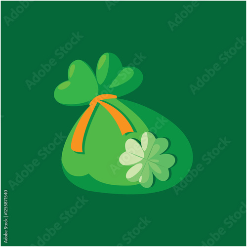 Vector illustration of a green money bag with a shamrock symbol and orange ribbon, representing Irish luck and St. Patrick’s Day.