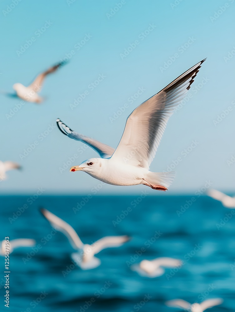 Fototapeta premium A flock of graceful seagulls soaring in perfect formation over a calm expansive coastal seascape with a clear blue sky in the background The birds appear to be gliding effortlessly