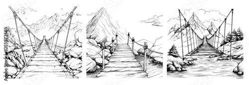 Rope bridge black ink sketch between two mountains vector set. Rocks footbridge suspension, horizon pathway crossing ropeway view, travel route swinging span overpass, isolated vectors illustrations
