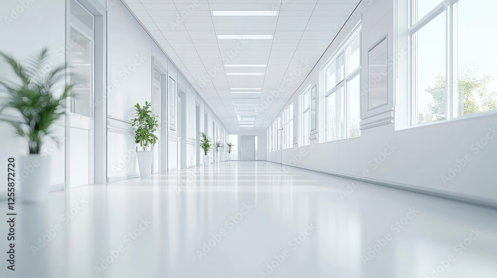 Fototapeta premium Empty White Hospital Corridor With Plants