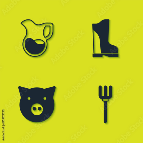 Set Jug glass with milk, Garden pitchfork, Pig and Waterproof rubber boot icon. Vector