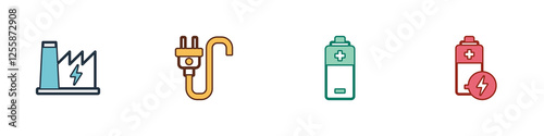 Set Nuclear power plant, Electric plug, Battery and icon. Vector